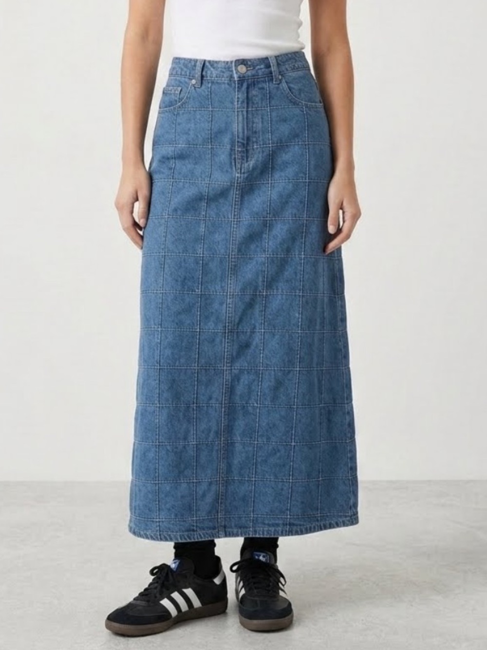 VINTAGE 90’s Denim Maxi Skirt Windowpane Check Size 12
